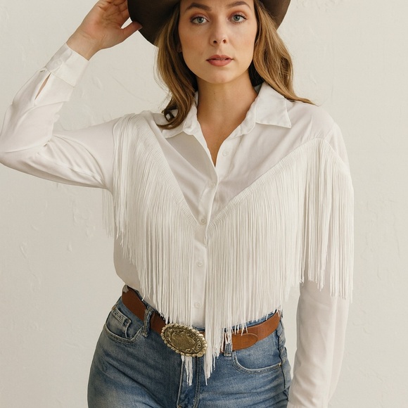 NWT White Fringe Semi-Sheer Button Down Shirt - Picture 1 of 5